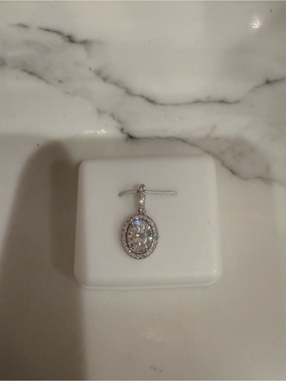 New Moissanite Oval Halo Drop Pendant in Sterling Silver - Picture 2 of 4